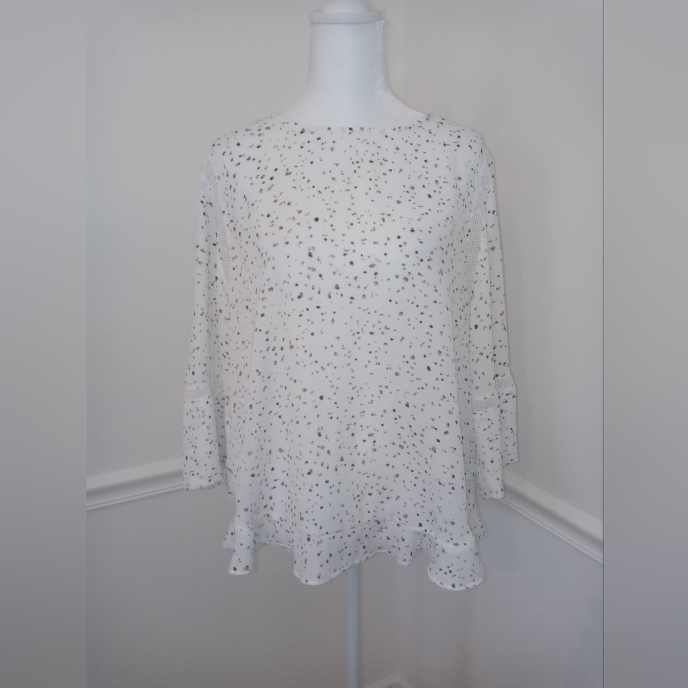 Apt. 9 Long Sleeve White Brown Black Polka Dot Top Blouse Size Large